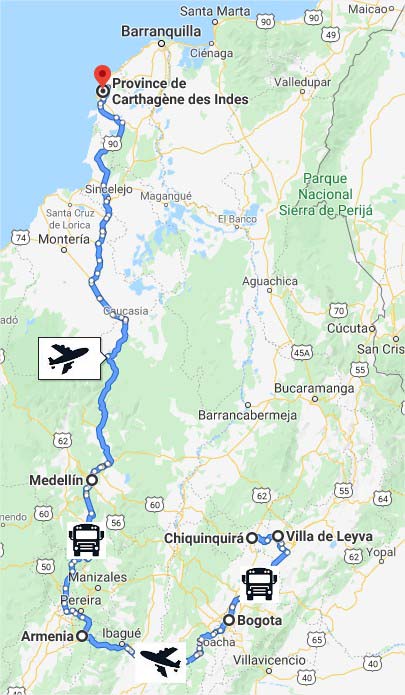 Carte montrant le trajet de Bogota à Carthagène.