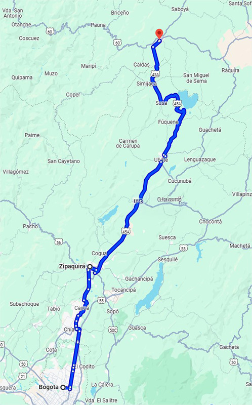 Carte de Bogota à Chiquinquira.