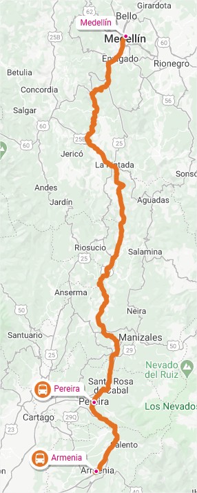 Carte du trajet d'Armenia à Medellin.