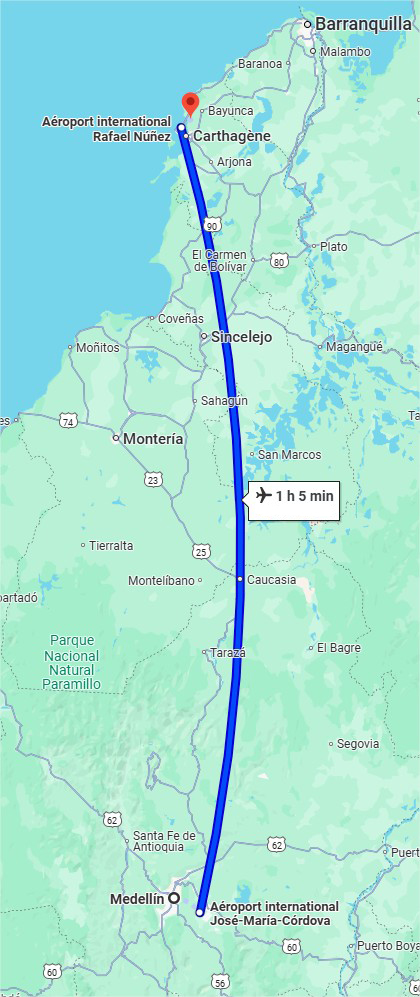Plan du trajet de Medellin à Carthagène en avion.