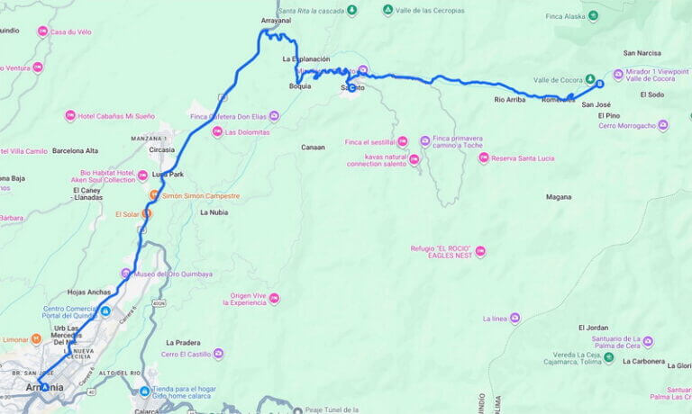 Carte du trajet d'Armenia à la Vallée de Cocora