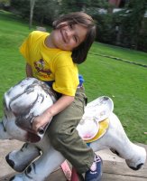 Un enfant joue sur un animal en bois.