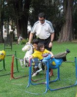 Deux enfants jouent chacun sur un animal en bois.