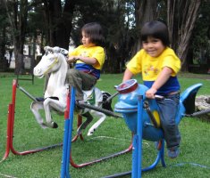 Deux enfants jouent chacun sur un animal en bois.