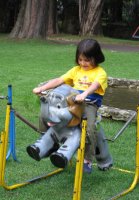 Un enfant joue sur un éléphant en bois.