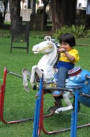 Un enfant joue sur un cheval en bois.