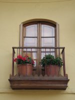 Balcon avec 2 pots de fleurs.