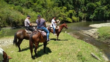 3 personnes à cheval au bord de la rivière.