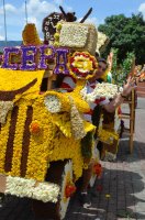 Homme saluant dans une voiture décorée en fleurs.