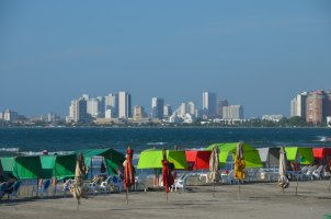 Au fond, gratte-ciels, devant, parasols ouverts et fermés de couleur vert et rouges, plantés sur la plage. Des chaises et des tables sous les parasols.