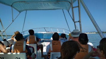 Le bateau avec des personnes assises.